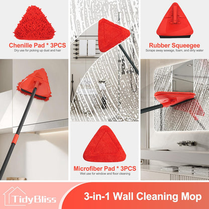 Wall Cleaning Mop with Long Handle 80”, Ceiling Duster Scrubber with 360° Swivel Collapsible Head, Baseboard Cleaner Tool with 3 Chenille and 3 Microfiber Pads for Windows Floor (Red)