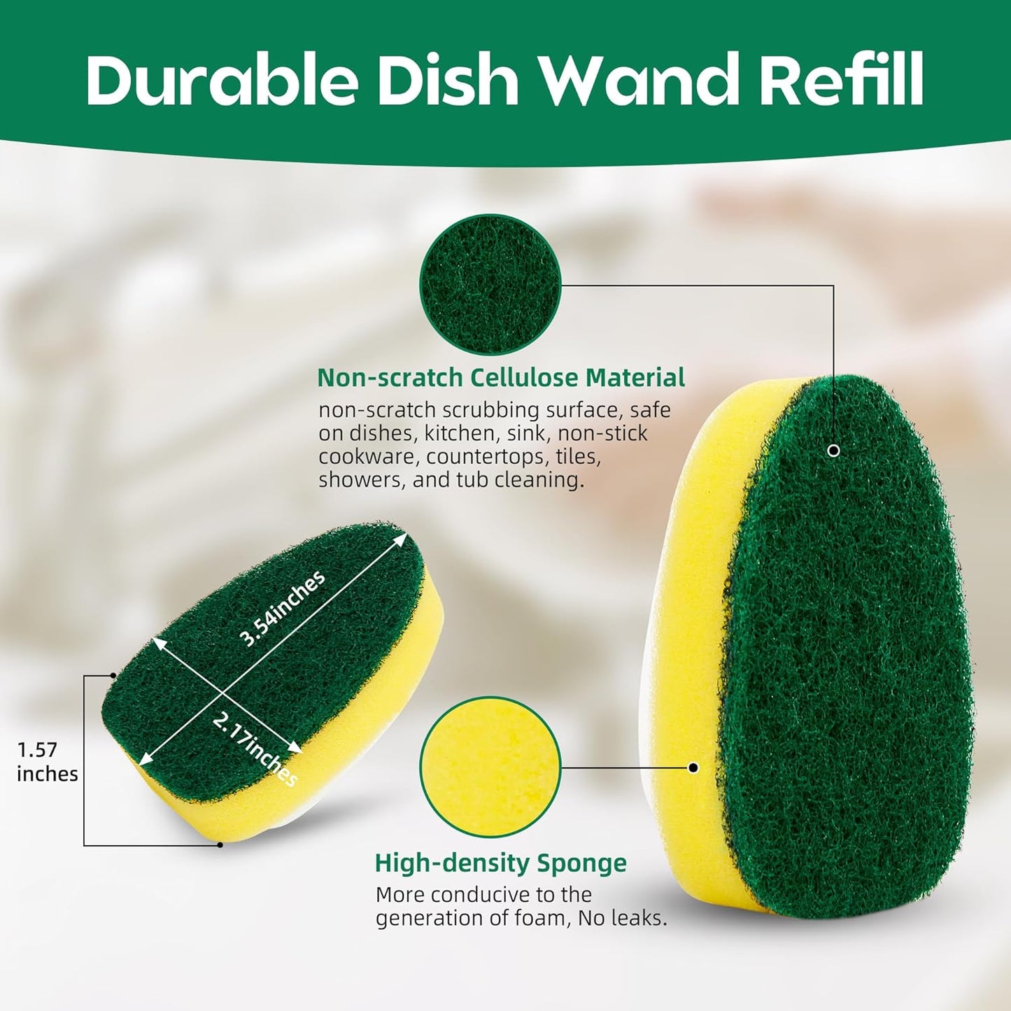 Dish Wand with 9 Refills, Dishwand with Sponge Refills, Soap Dispenser Handle with Replaceable Non Scratch Sponge Heads, Dishwashing Scrubber Brush Set for Kitchen Pots Pans Sink Cleaning