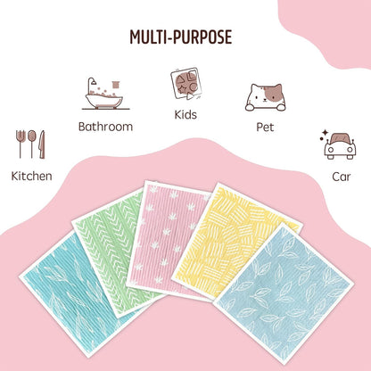 Swedish Dishcloths for Kitchen, Swedish Dish Cloths 5 Pack, Super Absorbent Reusable Paper Towels Washable, Biodegradable, Quick Drying, Dishwasher Safe