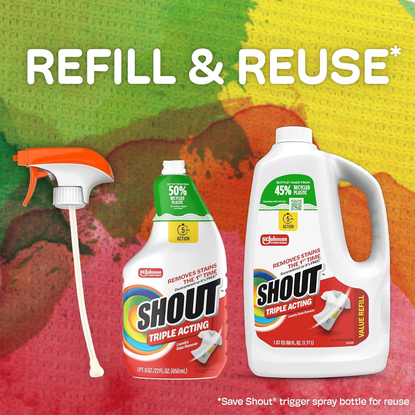 Shout Active Enzyme Laundry Stain Remover Spray for Clothes, Triple-Acting Formula Clings, Penetrates, and Lifts Tough & Everyday Stains - Prewash Refill 60oz (1.7L)