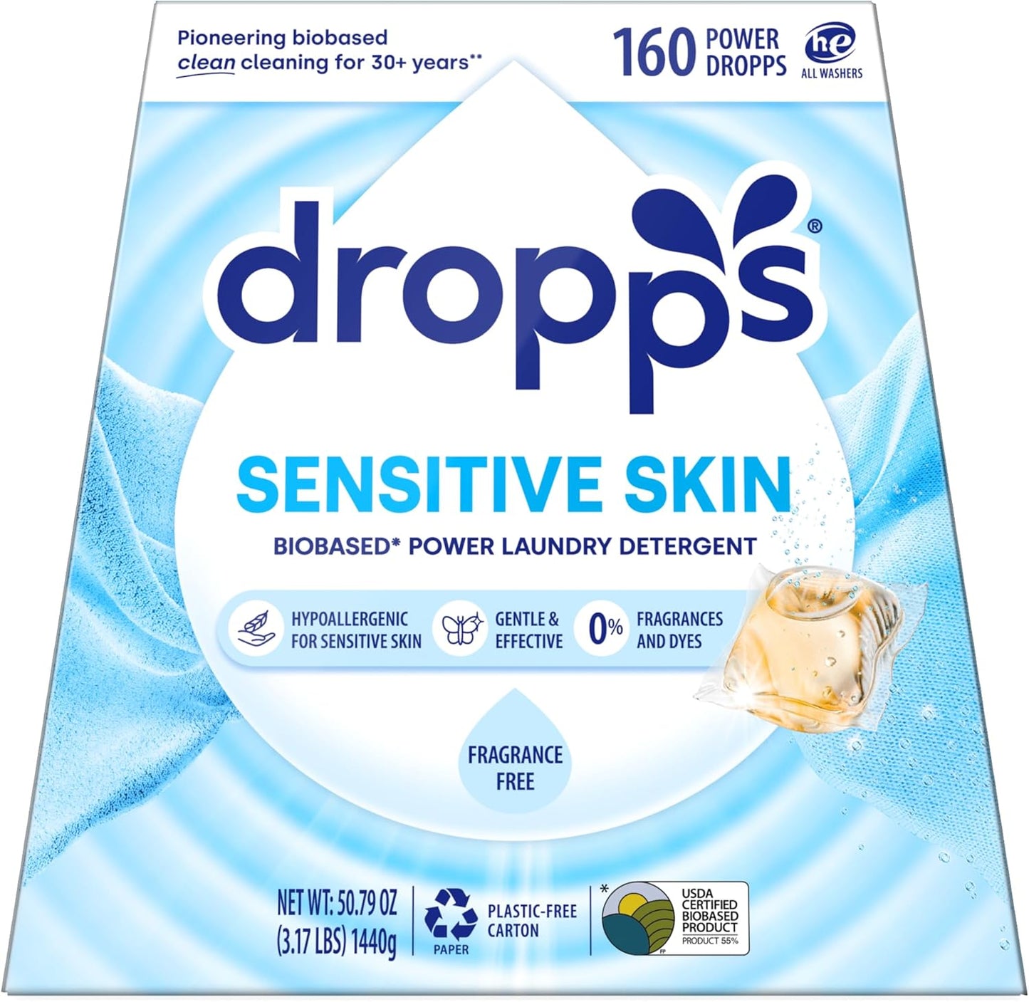 Dropps Sensitive Skin Laundry Detergent Pods, Unscented (36 Ct) - Hypoallergenic & Dermatologist Tested | Free & Clear | Laundry Pods for Sensitive Skin | Clean Ingredients | Plastic Free Packaging