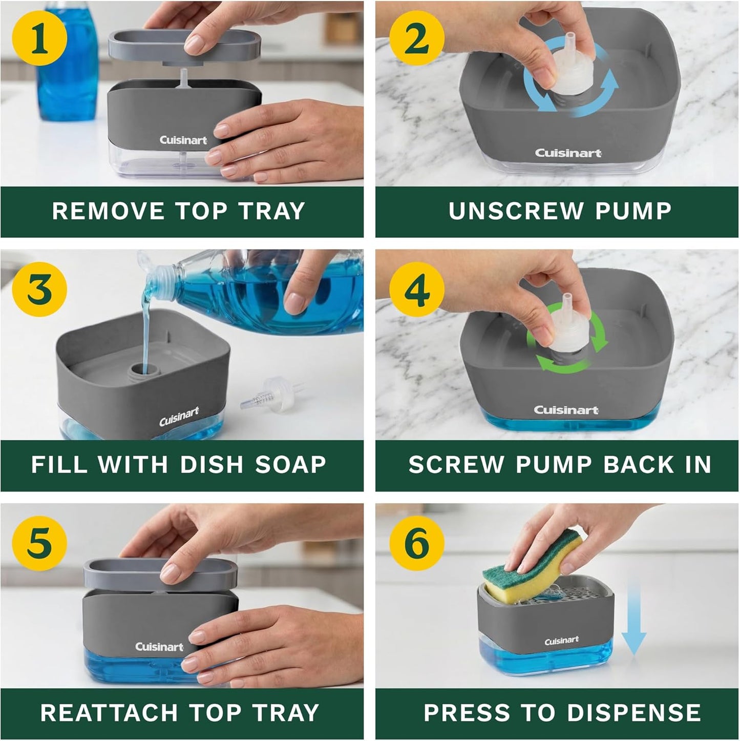 Cuisinart 2-in-1 Dish Soap Dispenser with Sponge Holder and Sponge for Kitchen Sink – Soap Pump Organizer Set with Tray, Countertop Caddy for Dishes, Dishwashing Liquid Dispenser, Sink Essentials