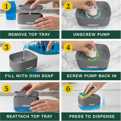 Cuisinart 2-in-1 Dish Soap Dispenser with Sponge Holder and Sponge for Kitchen Sink – Soap Pump Organizer Set with Tray, Countertop Caddy for Dishes, Dishwashing Liquid Dispenser, Sink Essentials