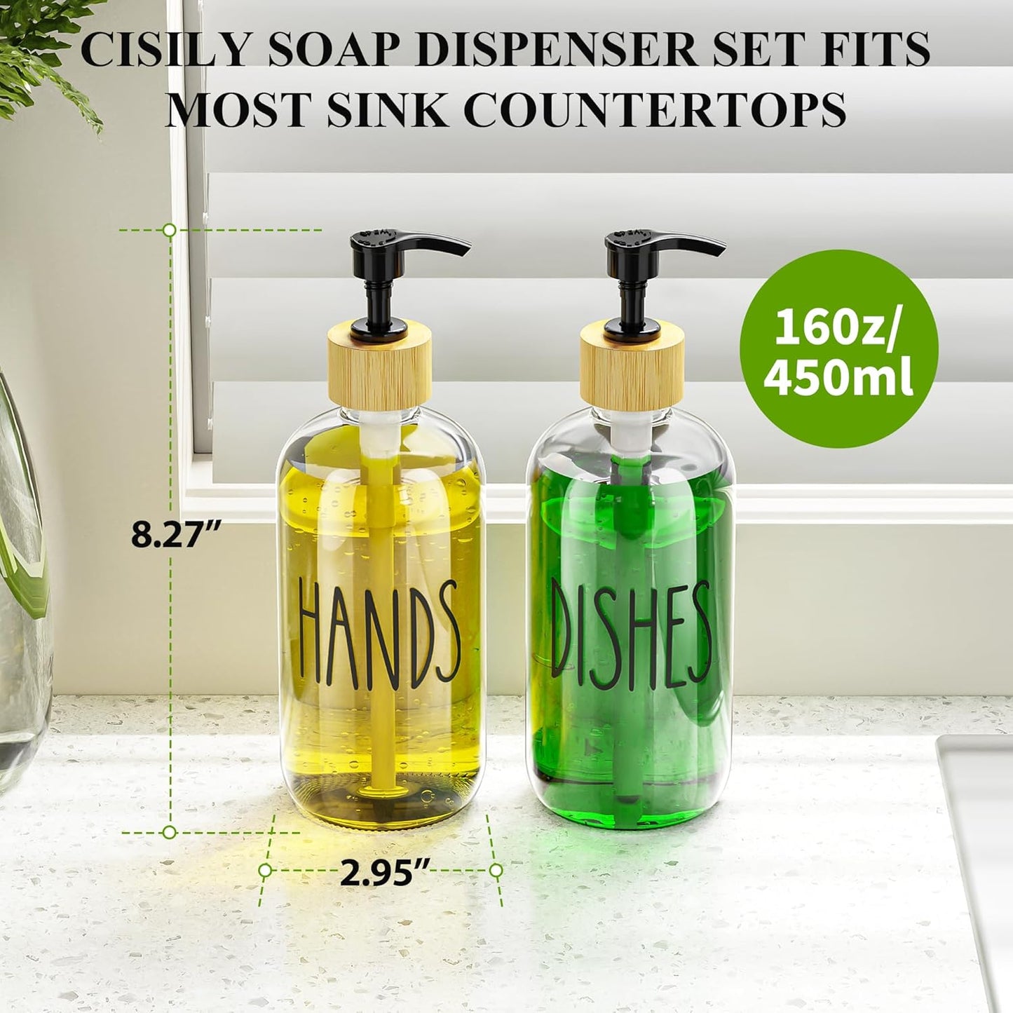 Cisily Kitchen Dish Soap Dispenser Set with 2 Pack 16.9oz Black Glass Bottle and Sponge Holder, Dish Soap Dispensers with Adjustable Sponge Holder, Vintage Hand and Dish Soap Dispensers Set