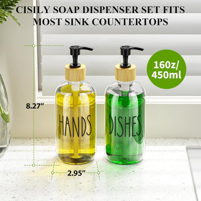 Cisily Kitchen Dish Soap Dispenser Set with 2 Pack 16.9oz Black Glass Bottle and Sponge Holder, Dish Soap Dispensers with Adjustable Sponge Holder, Vintage Hand and Dish Soap Dispensers Set
