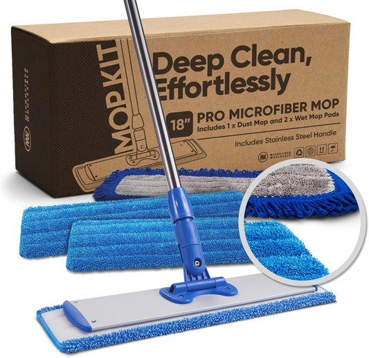 18” Pro Microfiber Hardwood Floor Mop - Cleans Floor in Seconds | Dust & Wet Mopping | Hardwood, Tile, Laminate & Vinyl with 3 Washable Pads, No Buckets Needed with Deluxe Household Mop