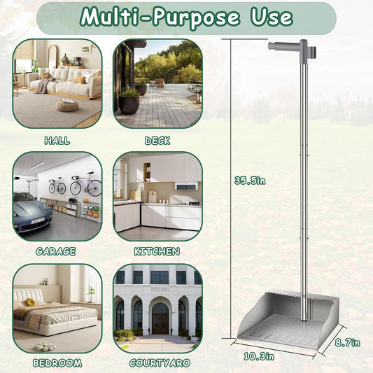 Metal Broom with Dustpan Combo Set-Long Handle Broom with Dustpan,Heavy Duty Standing Dust Pan & Soft Bristles Brooms,Indoor Outdoor Dust Pan Brooms for Home Office Lobby Floor