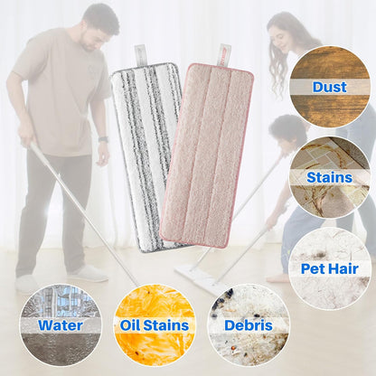 JOYMOOP 17.7-Inch Microfiber Flat Mop Replacement Pads – Washable Reusable Grey & Stripe, Pack of 4 Heavy-Duty Wet & Dry Refill for JOYMOOP Flat Mop & Bucket System