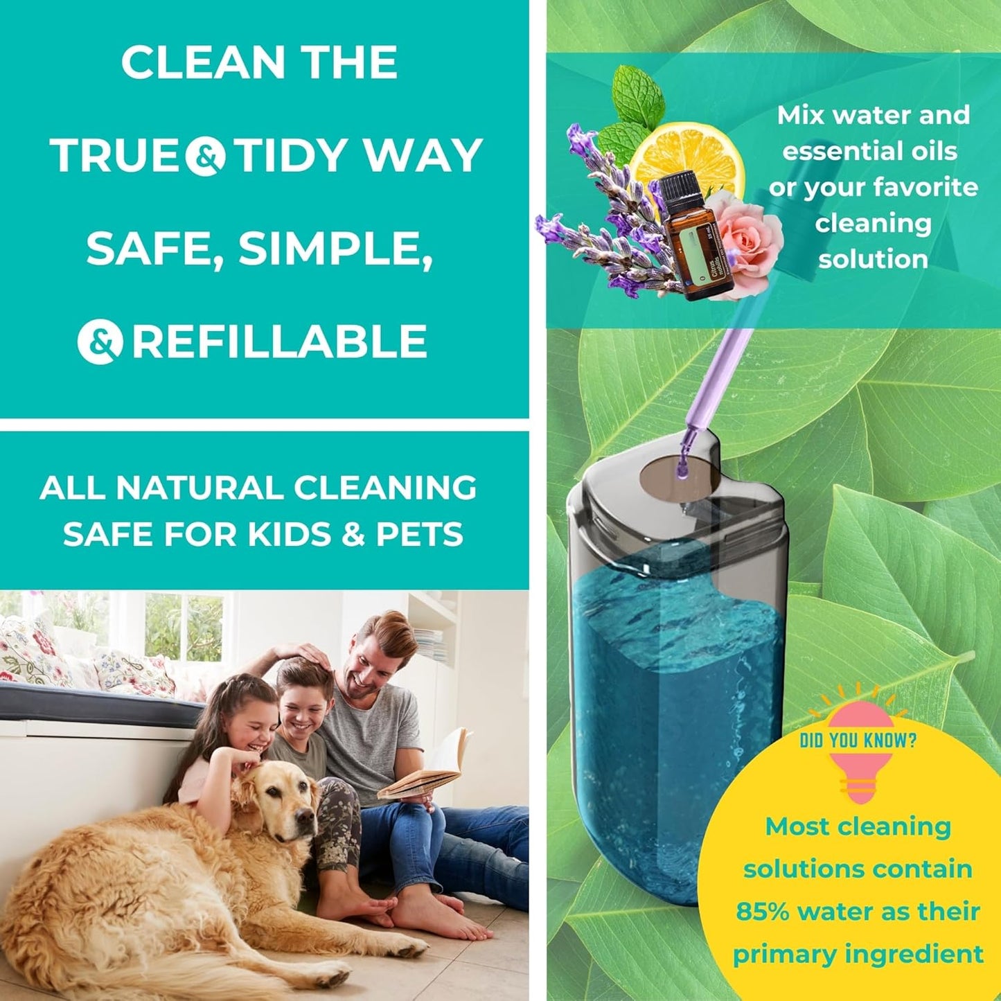 True & Tidy® SPRAY-250 Multi-Surface Spray Mop with 490ml Refillable Water Bottle for Floor Cleaning, Works on Wood, Tile, Marble etc, Use Any Cleaning Solution, Machine Washable Microfiber Mop Pads