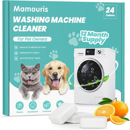 Washing Machine Cleaner Tablets: 24 Pack Deep Cleaning For HE, Front Loader & Top Load Washer, Removes Pet Hair, Odors, Formulated for Pet Owners, Septic Safe, 12 Month Supply, 11G