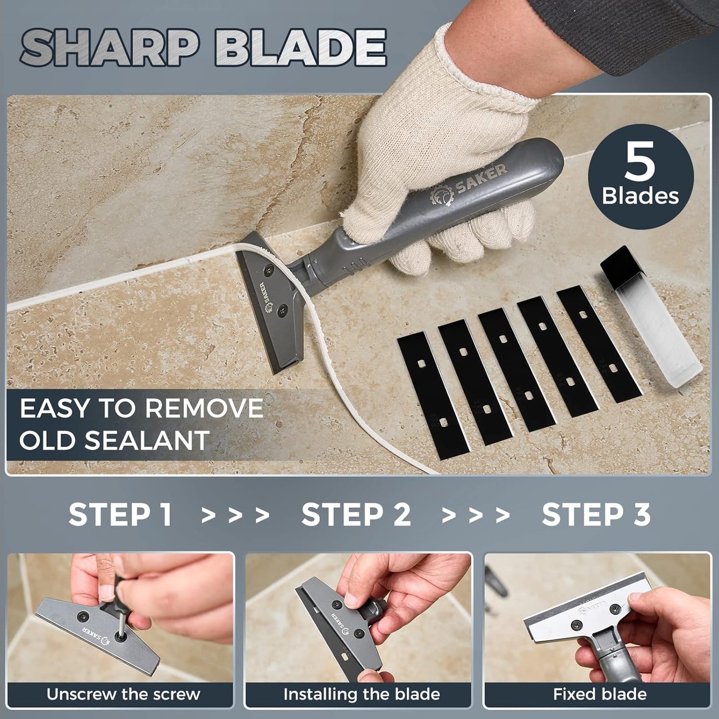 Saker Silicone Caulking Tool 3-in-1 Grout Removal Tool and Sealant Finishing Scraper with Stainless Steelhead, Caulk Remover and Seam Repair Kit for Bathroom, Kitchen, Floor, Window and Sink Joints