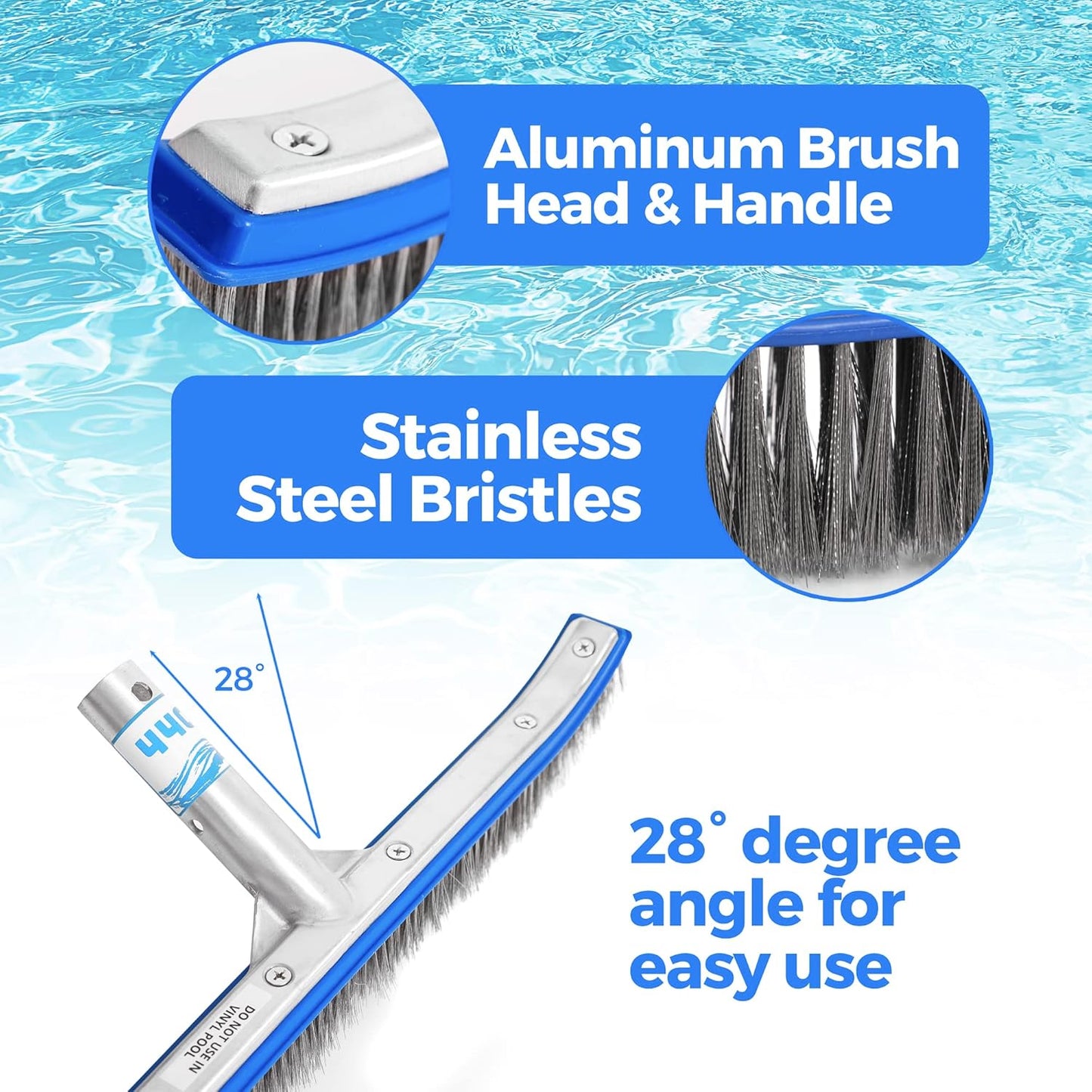 440 Heavy Duty Pool Brush - 18-inch Extra-Wide Metal Brush Head with Stainless Steel Wire Bristles & Curved Edges for Cleaning Pool Tiles, Walls, Floor, Steps (Stainless Steel)
