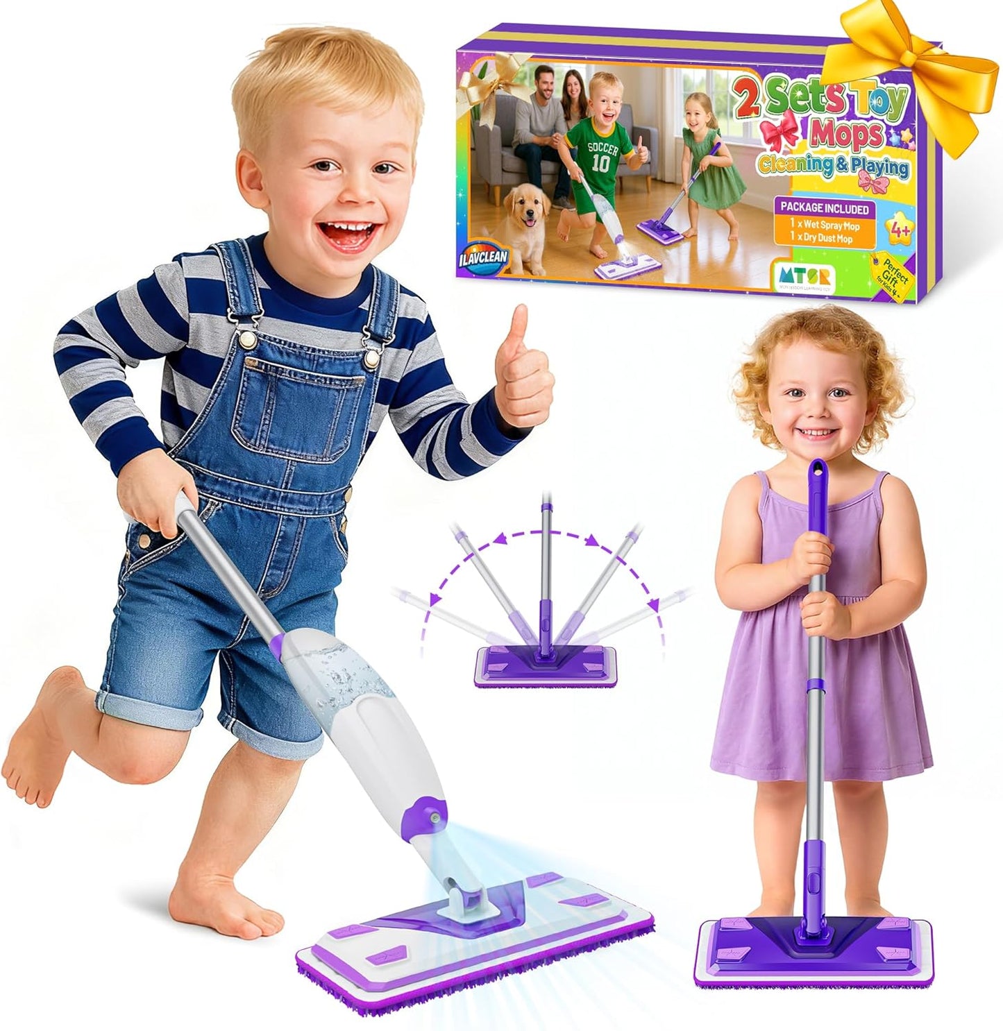 2-Set Toy Mop for Kids - Toddler Real Spray Flat Floor Mop Montessori Cleaning Toy Set, Educational and Fun Gifts for Boys and Girls Ages 4+