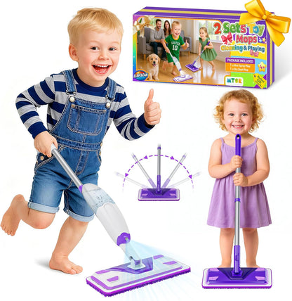 2-Set Toy Mop for Kids - Toddler Real Spray Flat Floor Mop Montessori Cleaning Toy Set, Educational and Fun Gifts for Boys and Girls Ages 4+