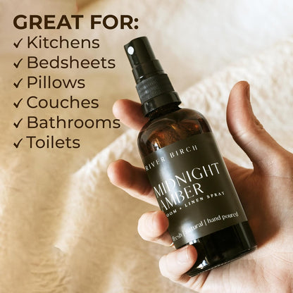 River Birch Luxury Linen and Room Spray - Home Signature Scent Balsam and Cedar Room Fragrance Spray - Fragrant Fresh Linen Air Freshener For Bedding - Handmade in Texas - 4 oz Glass Amber Bottle