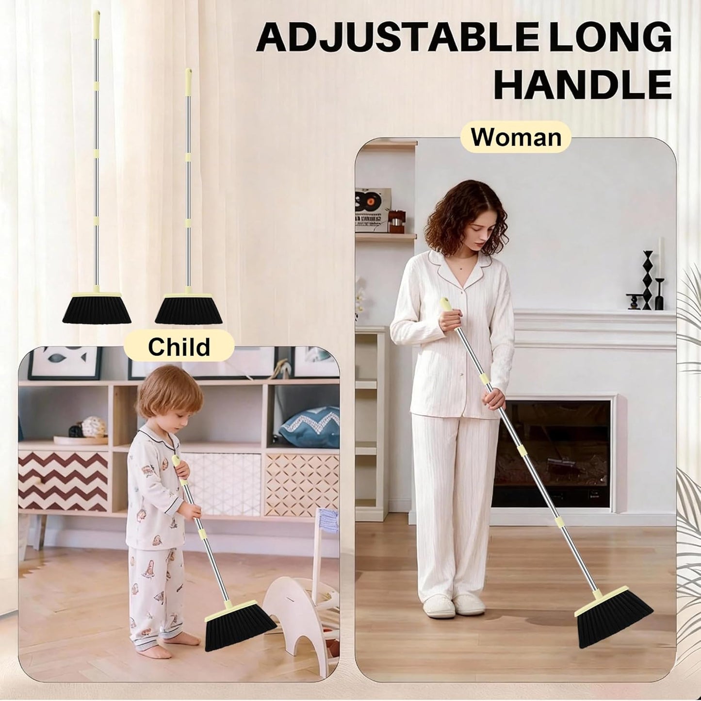 BSKLIN Broom and Dustpan Set, 52” Long Adjustable Handle Broom with Dustpan Combo Set with Dust Pan Teeth to Clean Hair for Home Lobby Office (Pink)
