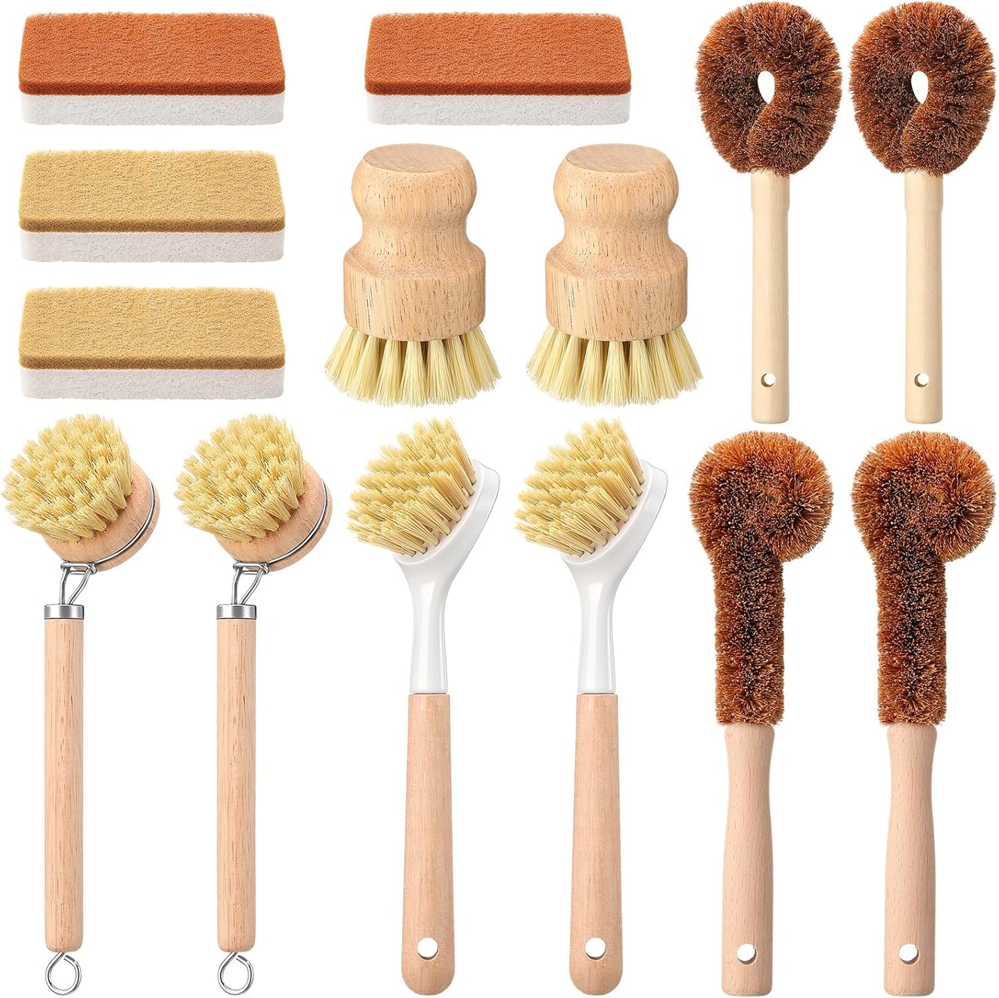 Sliner 14 Pcs Bamboo Dish Brush Set Include Natural Kitchen Sponge Wooden Dish Brush with Sisal Bamboo Scrubber for Kitchen Cleaning Pans Pots Bottles Vegetables