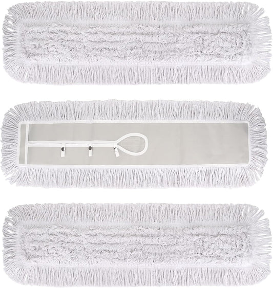 36 Inch Dust Mop Head: Replacement Medium Washable Commercial Mop Head Sweeper and Janitorial Replacement with Botton (White - 36 Inch, 3 Pack, Botton)