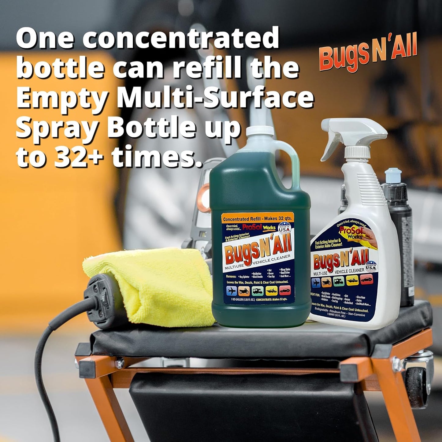 Bugs N’ All Multipurpose Car Cleaner & Degreaser - Bug & Tar Remover Concentrate 32 oz - Exterior Cleaner Safe for Car Paint, Metal, Chrome, Aluminum, Windows & Mirrors - w/Free 32 oz Spray Bottle