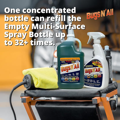 Bugs N’ All Multipurpose Car Cleaner & Degreaser - Bug & Tar Remover Concentrate 32 oz - Exterior Cleaner Safe for Car Paint, Metal, Chrome, Aluminum, Windows & Mirrors - w/Free 32 oz Spray Bottle