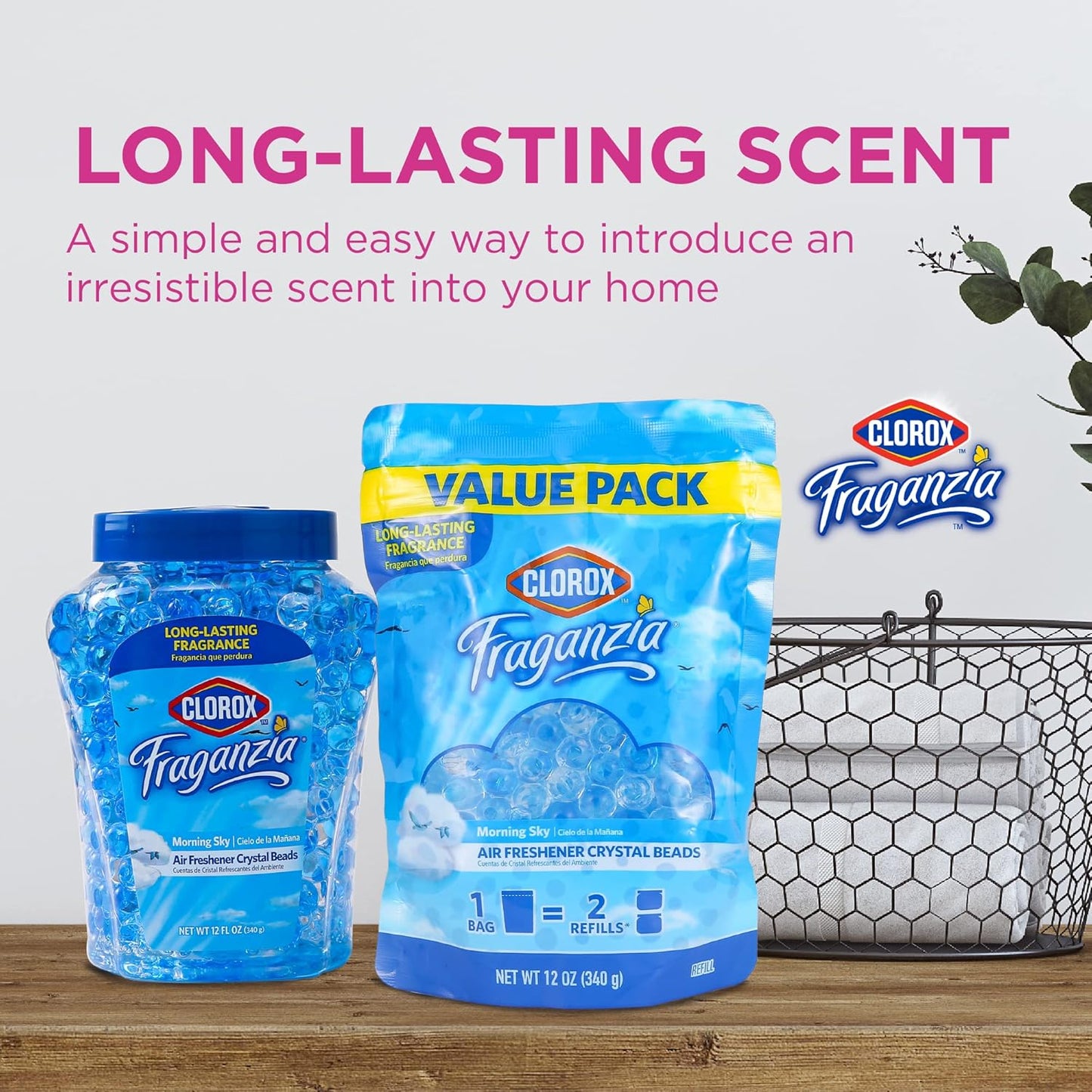 Clorox Fraganzia Crystal Beads Air Freshener, Long Lasting Room Deodorizer and Odor Eliminator Gel Beads to Freshen Home, Car, or Office, Lavender with Eucalyptus Scent, 12 Fl Oz
