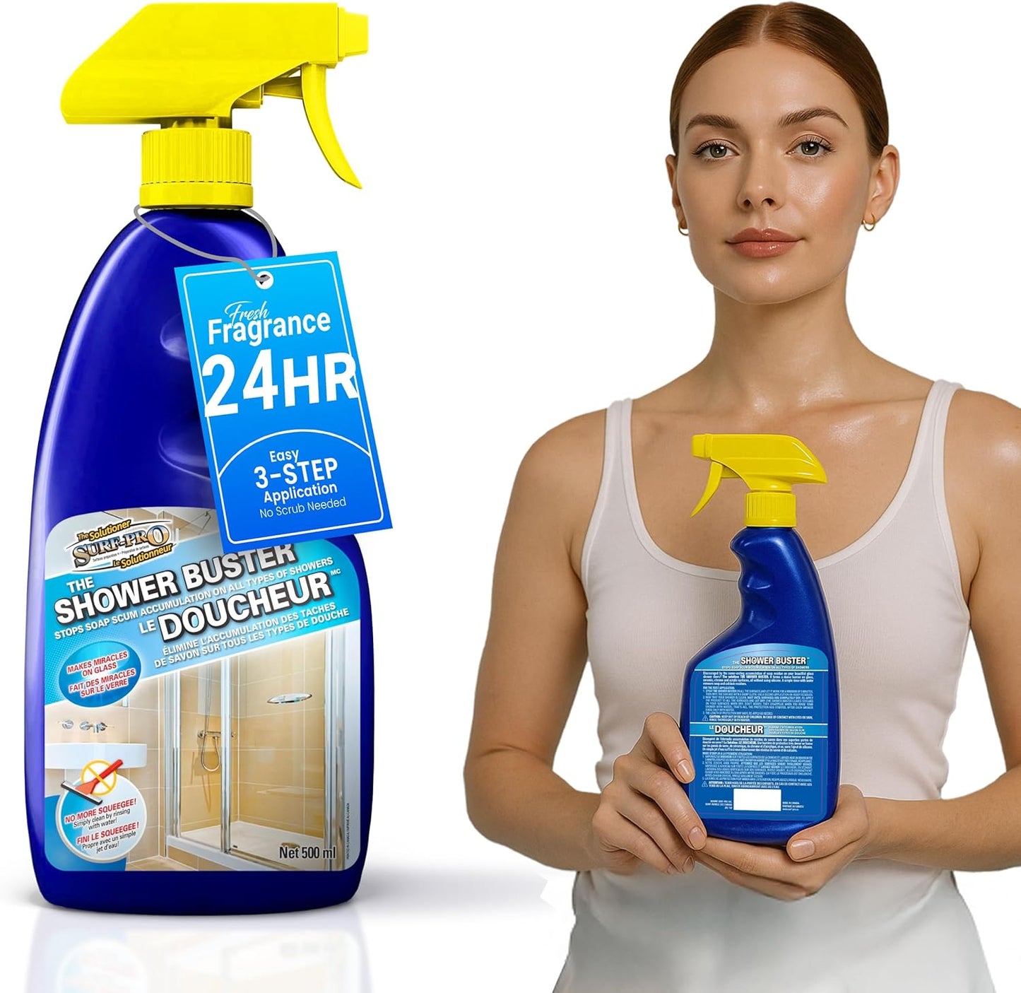 SURF PRO Shower Glass Door Cleaner – Shower Buster Spray for Soap Scum & Hard Water Stains – No Scrub Bathroom Cleaner for Glass, Tile, Chrome, Ceramic, RV and Septic Safe (500ml / 16.9oz)