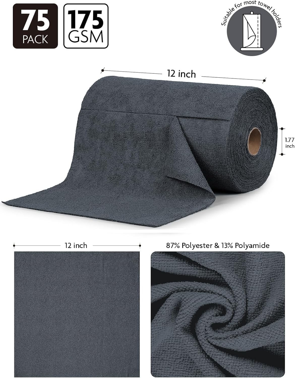 Fantasticlean Microfiber Cleaning Cloth Roll -75 Pack, Tear Away Microfiber Towels, 12" x 12", Reusable, Washable, Scratch Free, Ultra Absorbent Dishcloth for All-Around Cleaning Supplies (White)