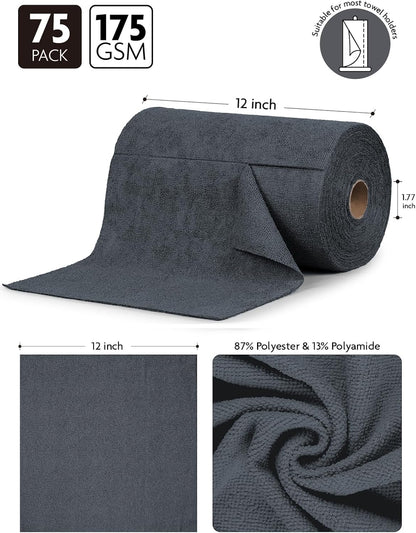 Fantasticlean Microfiber Cleaning Cloth Roll -75 Pack, Tear Away Microfiber Towels, 12" x 12", Reusable, Washable, Scratch Free, Ultra Absorbent Dishcloth for All-Around Cleaning Supplies (White)