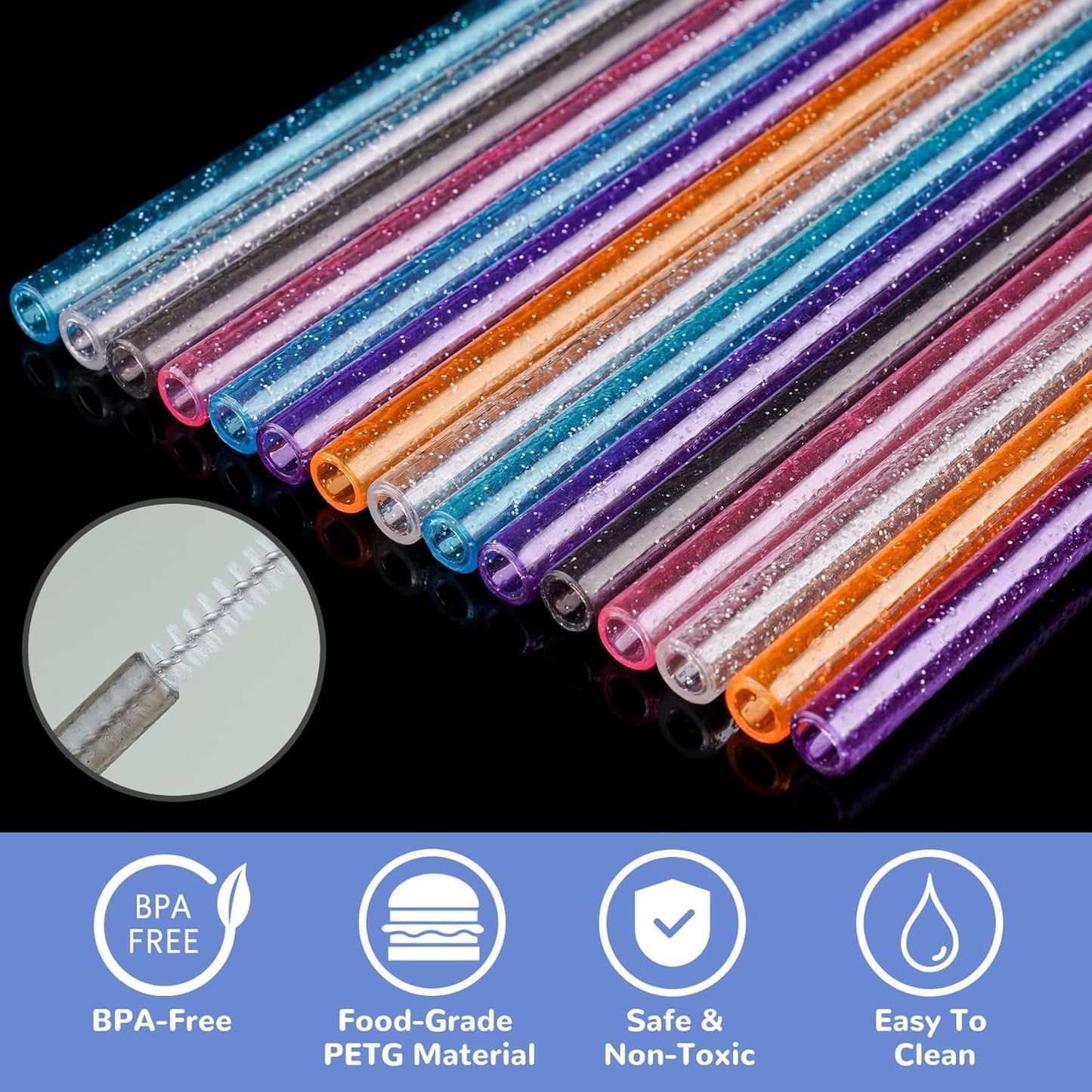 NiHome 12-Pack Glitter Replacement Straws for Stanley Tumbler 40OZ & 2 Cleaning Brushes Set, 12" Length BPA-Free Durable PETG Material for Various Beverages & Cups, Adds Sparkle to Your Drinks (Clear)