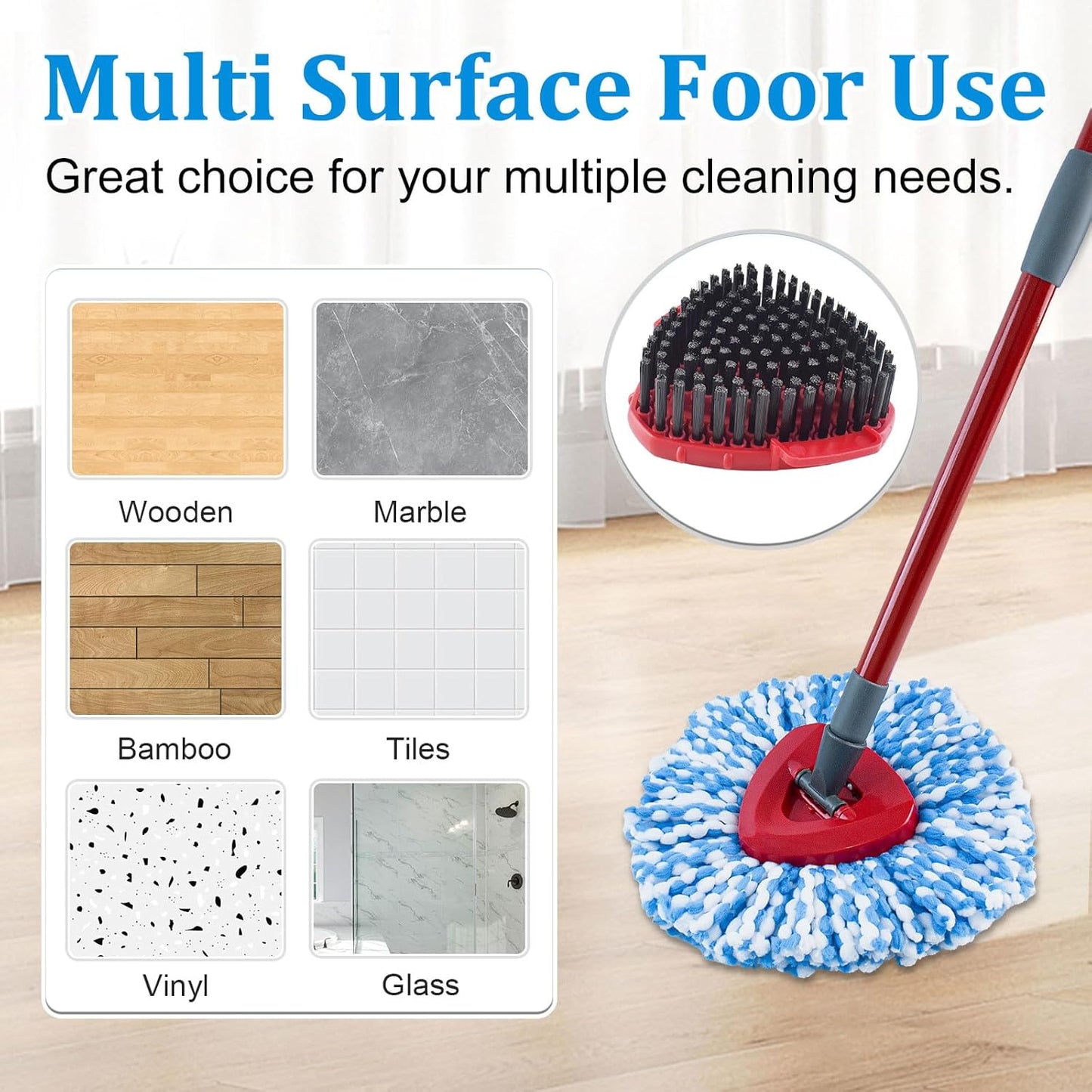 Mop Heads Replacements for Ocedar, Mop Replace Head for O Cedar EasyWring 1-Tank Spin Mop, 6 Mop Heads Include 3 Microfiber Mop Refills, 2 Upgrade Scrubber Mop Head, 1 Mop Base for O-Cedar Mop