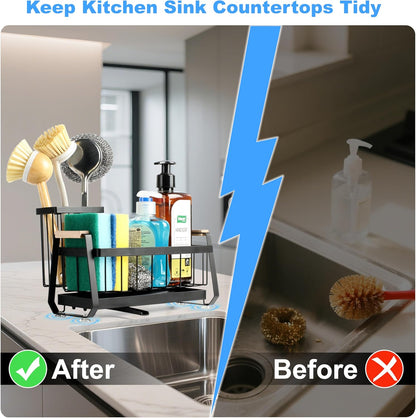Sponge Holder for Kitchen Sink Organizer, Stainless Steel Sink Caddy Suction Cup with Dish Brush Holder, Rustproof Drying Rack, Sponge Caddy and Dish Soap Organizer for Kitchen Countertop