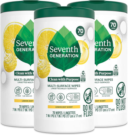 Seventh Generation Multi Surface Wipes All Purpose Cleaning Lemon Zest scent with 100% Essential Oils and Botanical Ingredients 70 count, Pack of 6