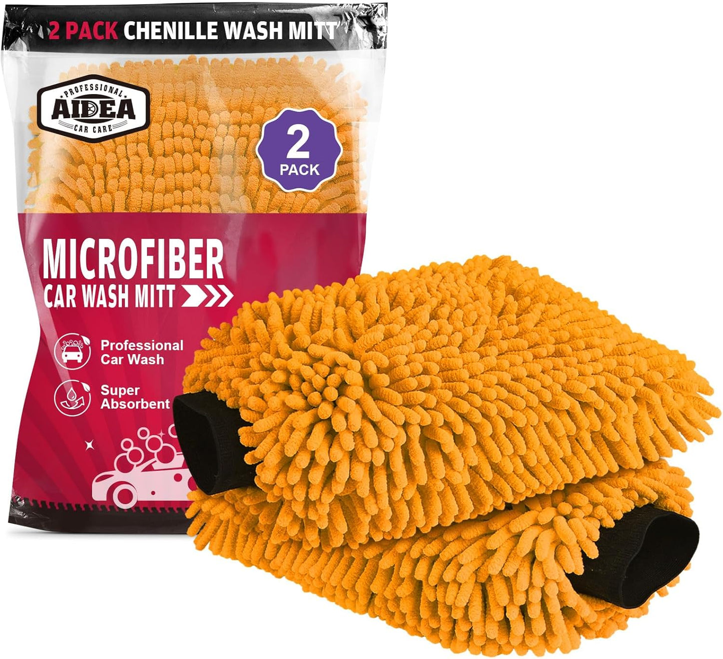 AIDEA Car Wash Mitt Microfiber, 2PK Scratch Free Lint-Free, Premium Chenille Microfiber Mitt Car Wash Brush, Green, Regular Size 7.12''X10.14''