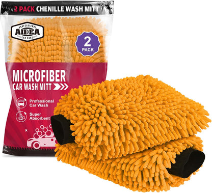 AIDEA Car Wash Mitt Microfiber, 2PK Scratch Free Lint-Free, Premium Chenille Microfiber Mitt Car Wash Brush, Green, Regular Size 7.12''X10.14''