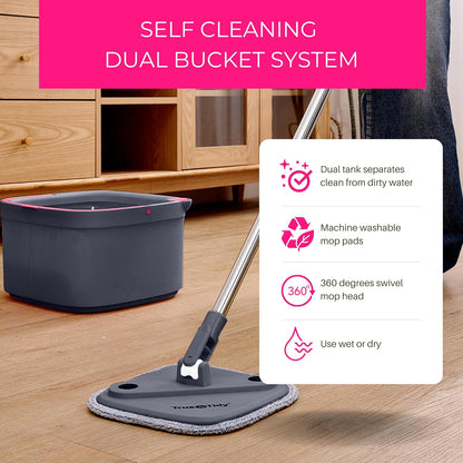True & Tidy® True Clean Mop and Bucket System, Includes Square Spin, Dual Compartment Mop Bucket and 2 Thick Machine Washable Pads New Upgraded with Side Brush & Self Standing Handle, Rose