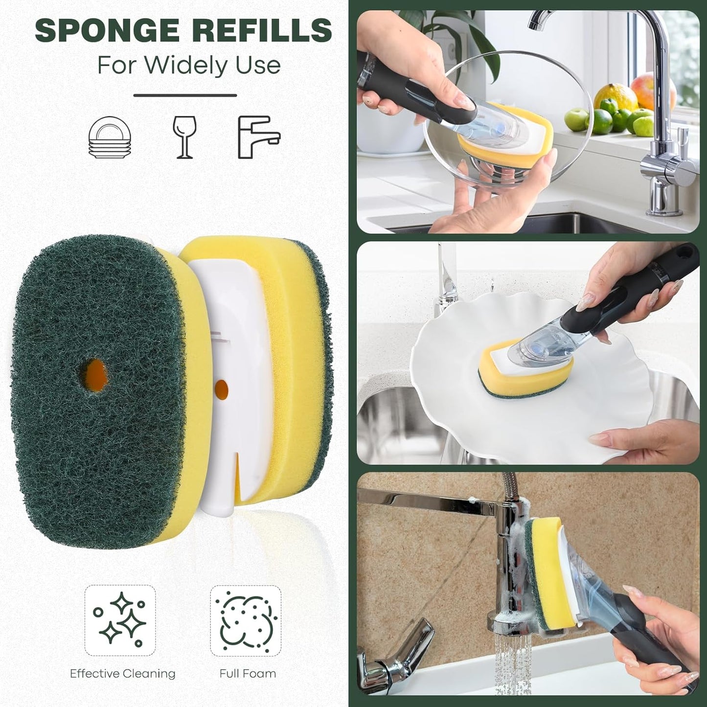 Sponge Brush Refills for OXO Soap Dispensing Dish Brush - 4 Pack Dish Cleaning Soap Dispensing Head Replacement for Scrubber