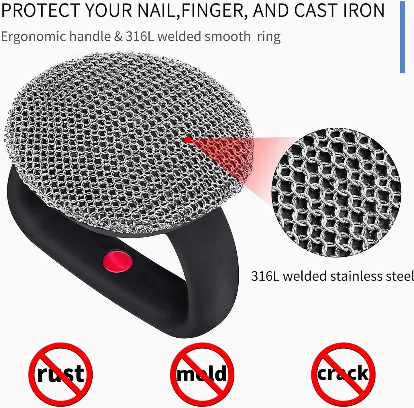 Cast Iron Cleaner Scrubber with Heavy Duty Handle, 3mm Welded Chain Mail Scrubber for Pan Pot Cleaning - Small Ring Chainmail Scrubber Metal Scrub Sponge Skillet, Oven, Griddle, Wok Brush