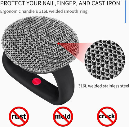 Cast Iron Cleaner Scrubber with Heavy Duty Handle, 3mm Welded Chain Mail Scrubber for Pan Pot Cleaning - Small Ring Chainmail Scrubber Metal Scrub Sponge Skillet, Oven, Griddle, Wok Brush