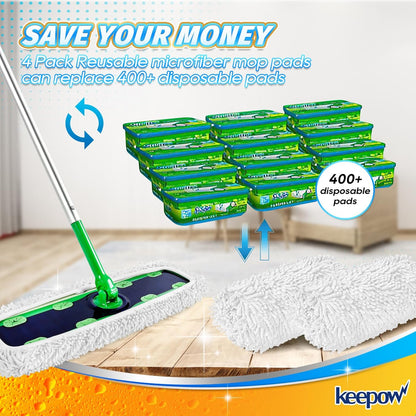 KEEPOW Reusable XL Mop Pads Compatible with Swiffer XL Sweeper, X-Large Dry Sweeping Cloths, Wet Mopping Cloths, Washable Microfiber XL Wet Pads Refills for Surface/Hardwood Floor Cleaning, 4 Pack