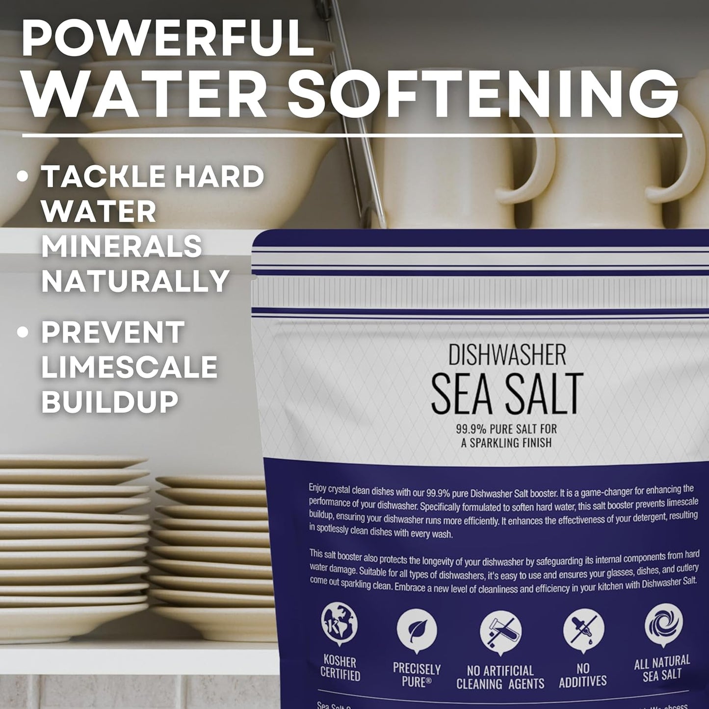 Dishwasher Salt, Natural Water Softener, Food Grade Coarse Sea Salt Compatible with Miele, Thermador, Whirlpool, & Bosch Dishwasher 5 lb Bag