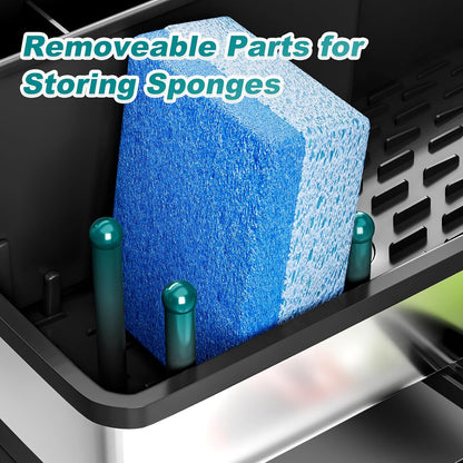 Ewaiira Sink Caddy, Sponge Holder for Kitchen Sink with Brush Holder Dishcloth Rack, Sink Organizer Countertop, Kitchen Organizers Storage Essentials,Black