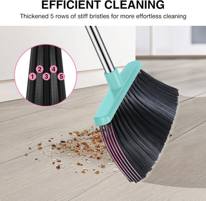 NACENA Broom and Dustpan Set, 52-in Long Adjustable Handle Broom Dustpan Combo with Dustpan Teeth to Automatically Clean Hair Suitable for Home Kitchen Office Hall Floor（Black&Red）