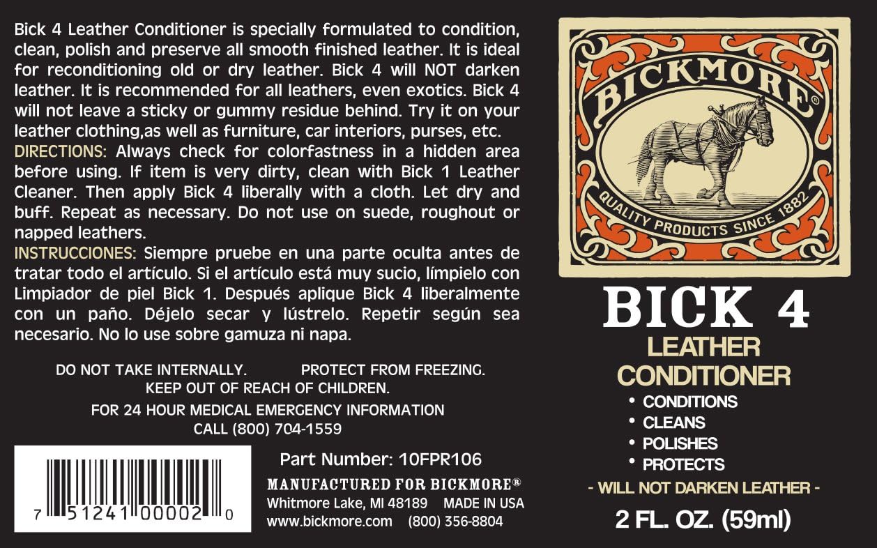 Bickmore Bick 4 Leather Conditioner and Leather Cleaner 16 oz - Will Not Darken Leather - Safe For All Leather Apparel, Furniture, Jackets, Shoes, Auto Interiors, Bags & All Other Leather Accessories