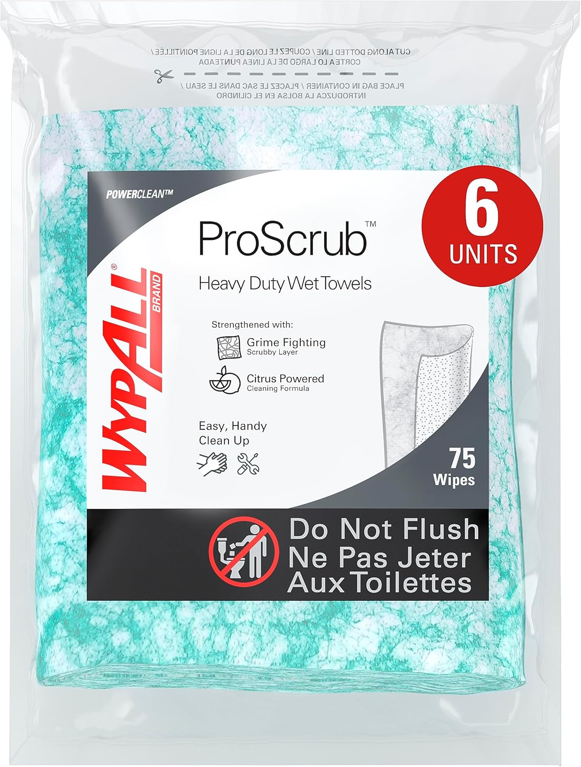 WypAll PowerClean ProScrub Heavy Duty Wet Towels (91371), Dual Action Cleaning, Large 9.5" x 12" Wipes, Bucket Included (6 Containers of 75 Sheets, 450 Sheet Total)