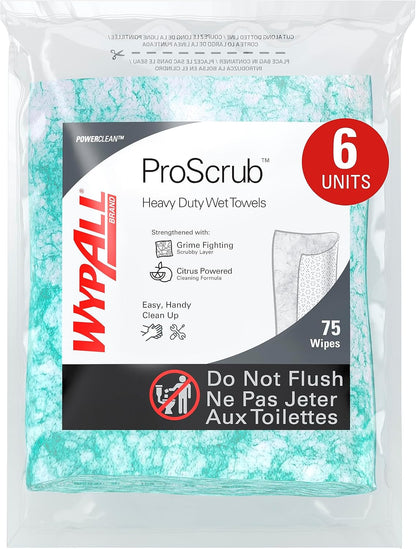 WypAll PowerClean ProScrub Heavy Duty Wet Towels (91371), Dual Action Cleaning, Large 9.5" x 12" Wipes, Bucket Included (6 Containers of 75 Sheets, 450 Sheet Total)
