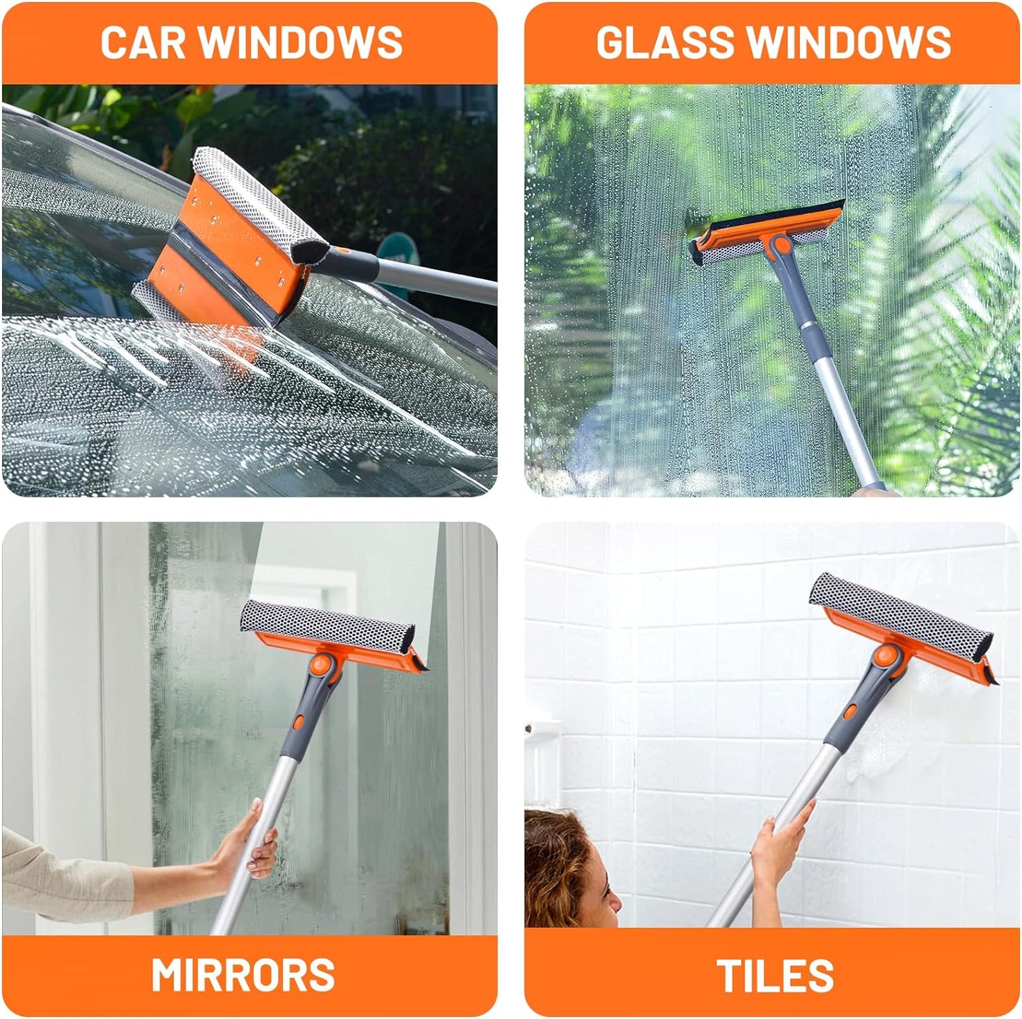 eazer Professional Window Squeegee, 2-in-1 Rotatable Squeegee for Window Cleaning Kit, Window Cleaner Tool, Window Washing Equipment Kit with Extension Pole (20''-30'') for Shower/Windshield