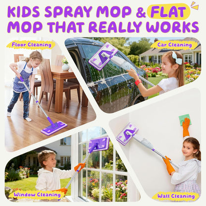 2-Set Toy Mop for Kids - Toddler Real Spray Flat Floor Mop Montessori Cleaning Toy Set, Educational and Fun Gifts for Boys and Girls Ages 4+