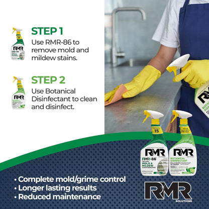 RMR Stain & Sanitation System –Instant Mold & Mildew Stain Remover + Botanical Disinfectant Cleaner, Indoor/Outdoor Cleaning Kit for Kitchens, Bathrooms, Furniture, Siding, & Deck, 2–32 Oz Bottles