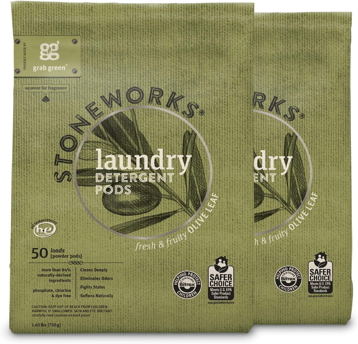 Grab Green Stoneworks Laundry Detergent Pods, 100 Count, Birch Branch Scent, Plant and Mineral Based, Cleans Deeply, Eliminates Odors, Fights Stains