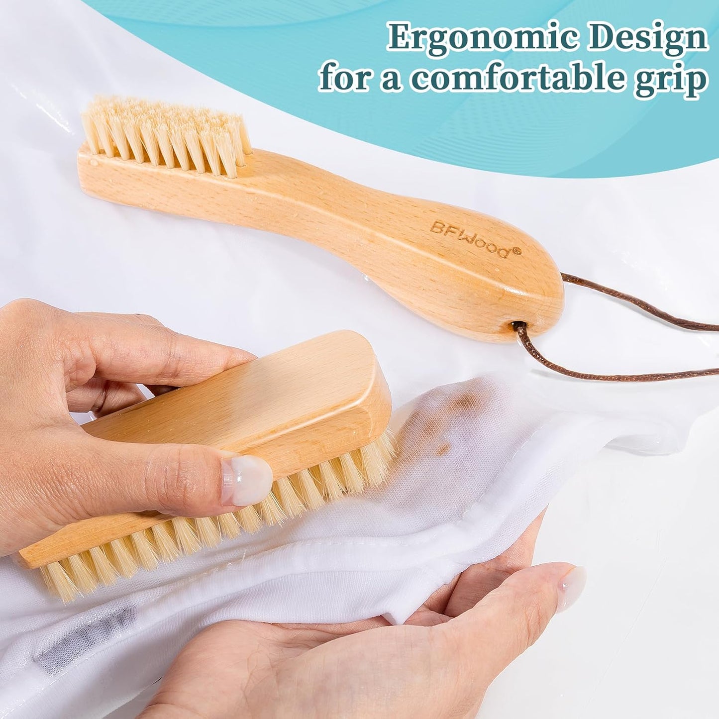 BFWood Laundry Stain Brush, Natural Soft Boar Bristles, Removes Tough Stains from Delicate Fabrics Like Knits, Cotton, and Linens, Gentle on Fabrics, No Damage